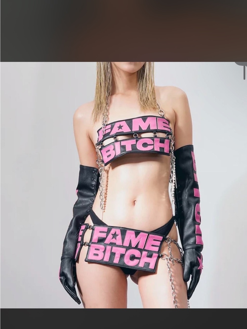 Namibia Pink & Black Chain Bandeau Set with Bold Lettering “ Fame B*tch”